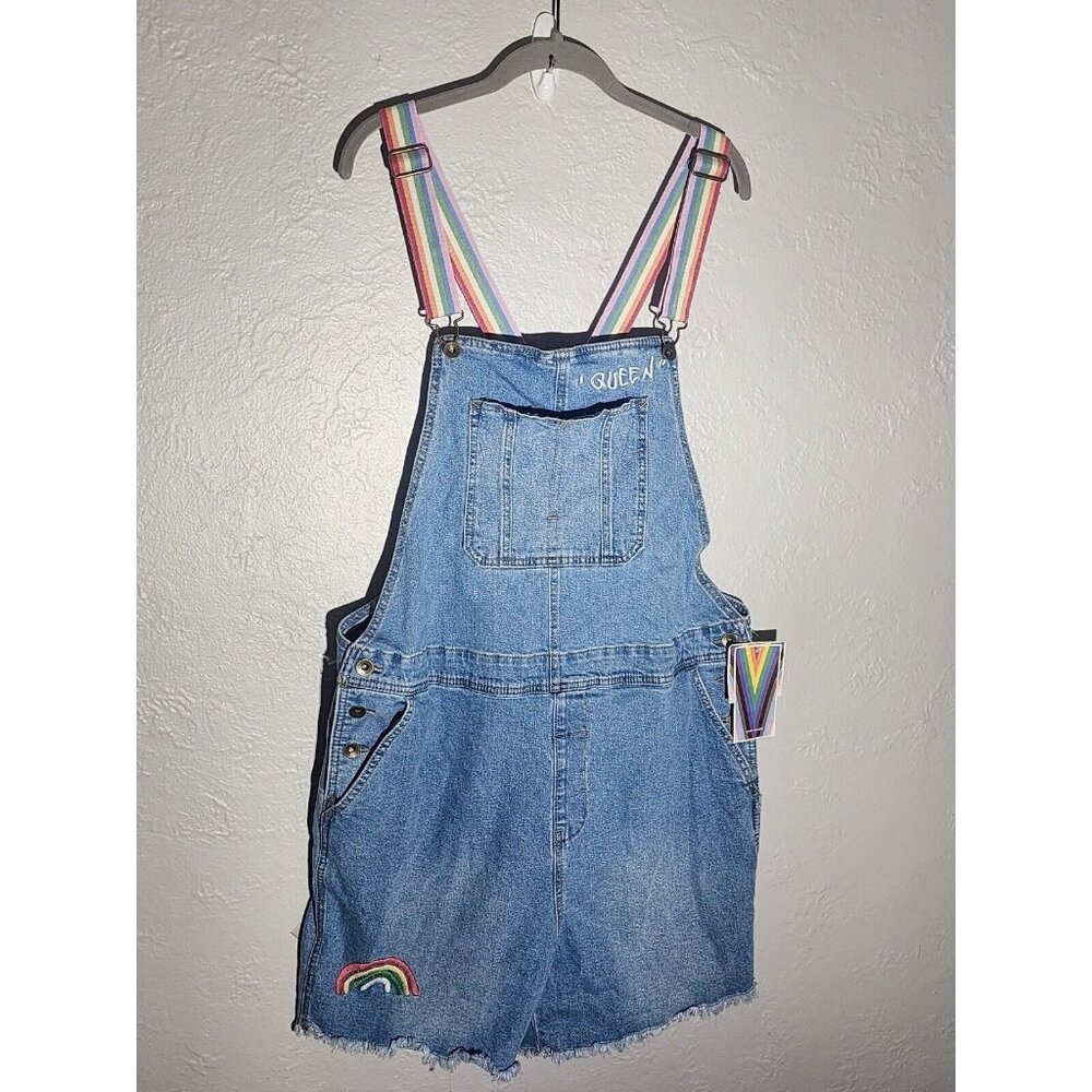 Take Pride Queen Embroidered Denim OVERALLS Shortalls Rainbow Straps UNISEX XS